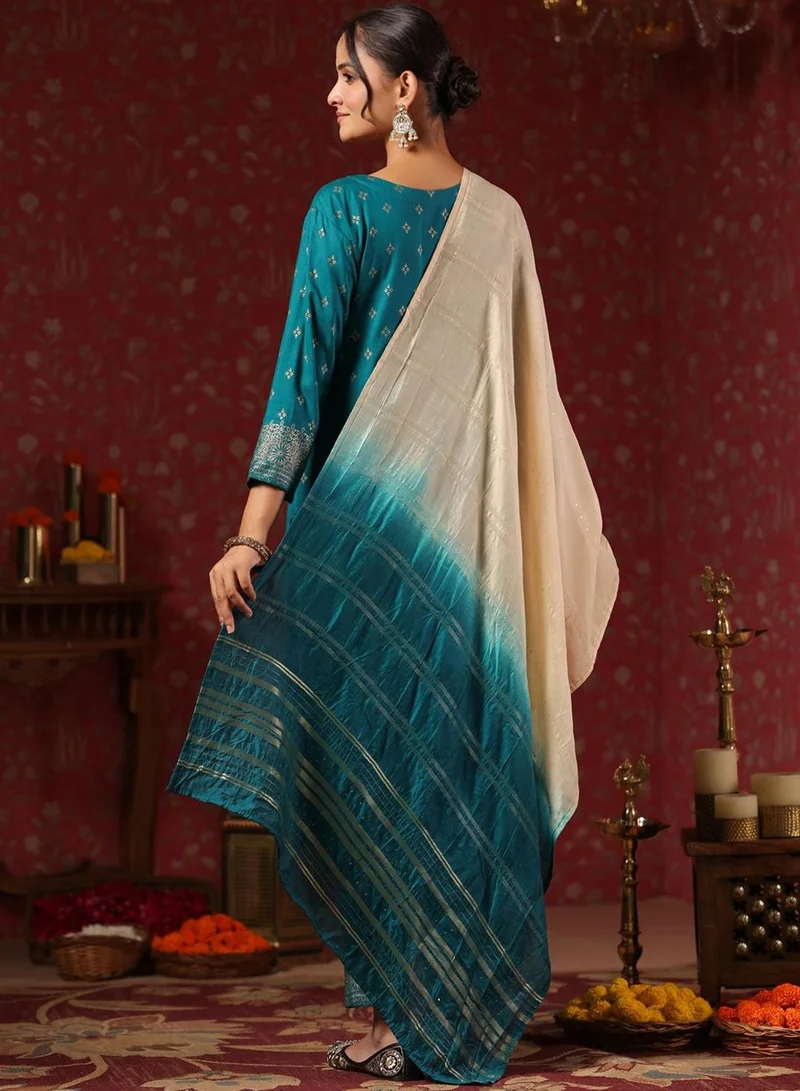 آي شين Women's Teal Rayon Printed Tunic Full Length Casual Regular Fit Kurta Set