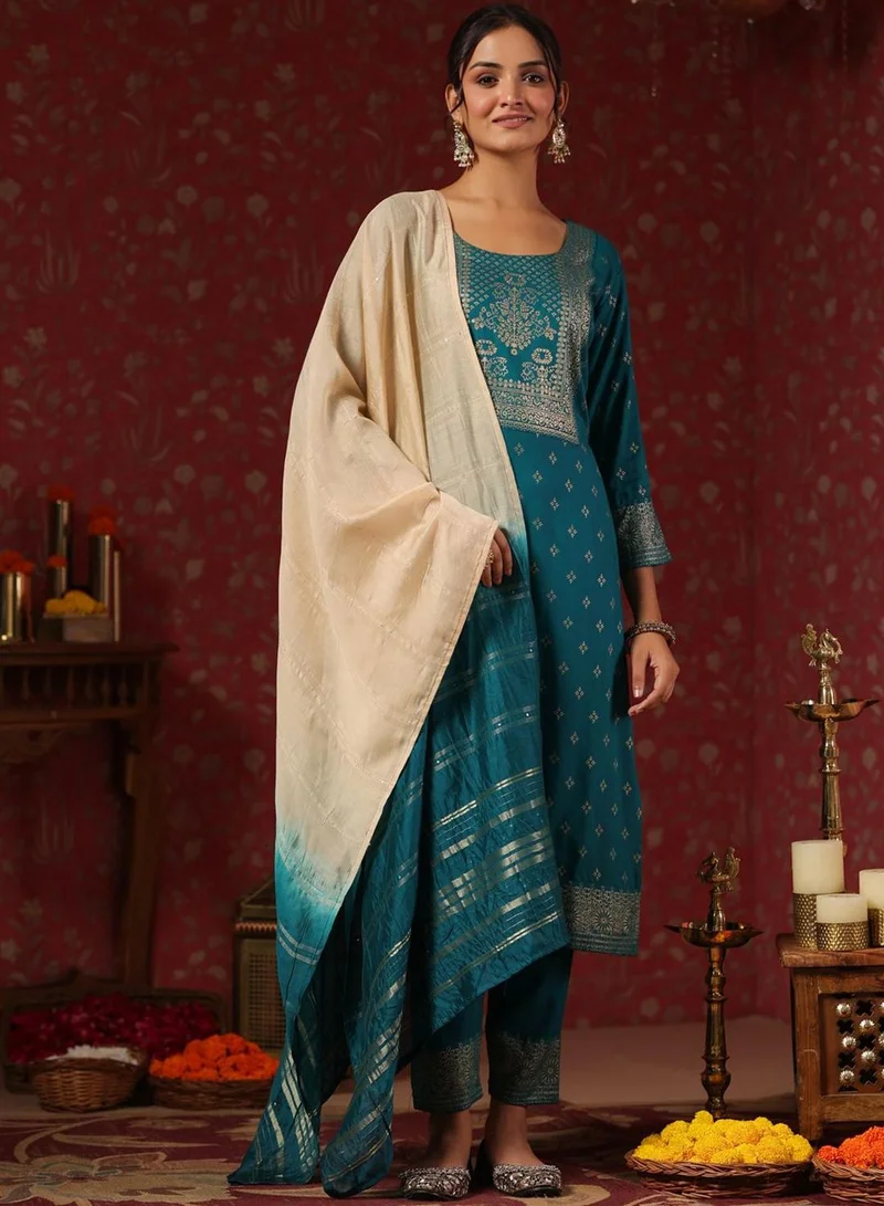 آي شين Women's Teal Rayon Printed Tunic Full Length Casual Regular Fit Kurta Set