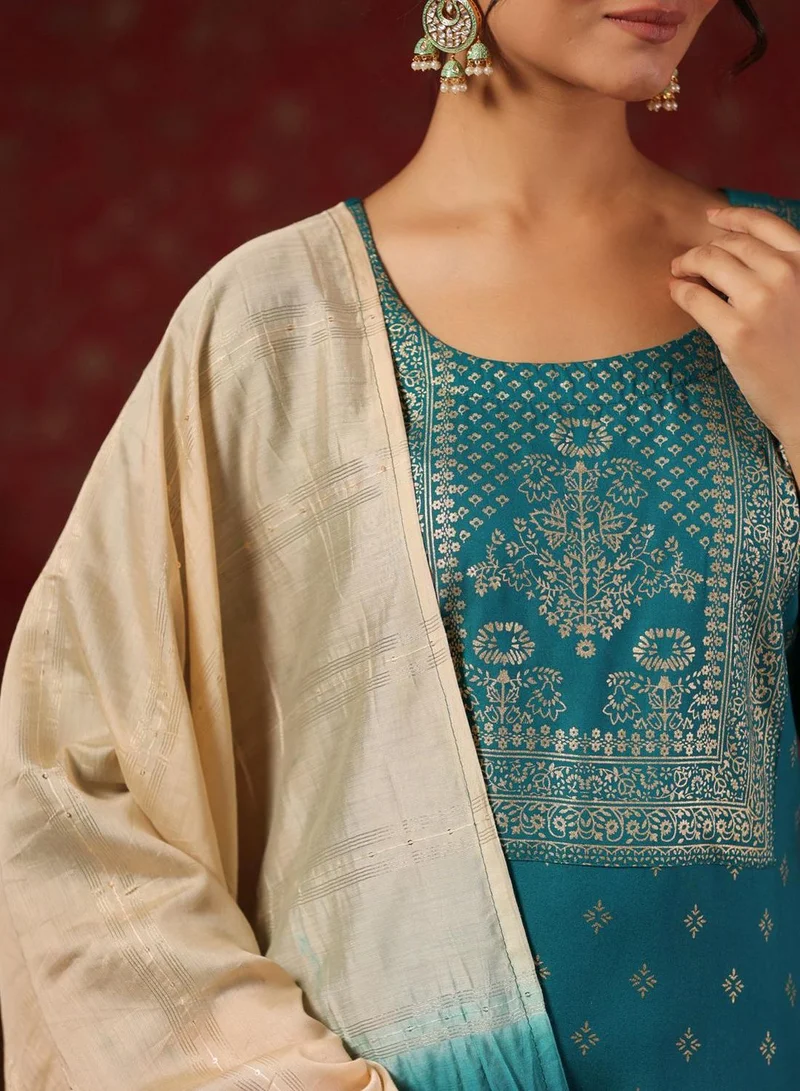 آي شين Women's Teal Rayon Printed Tunic Full Length Casual Regular Fit Kurta Set