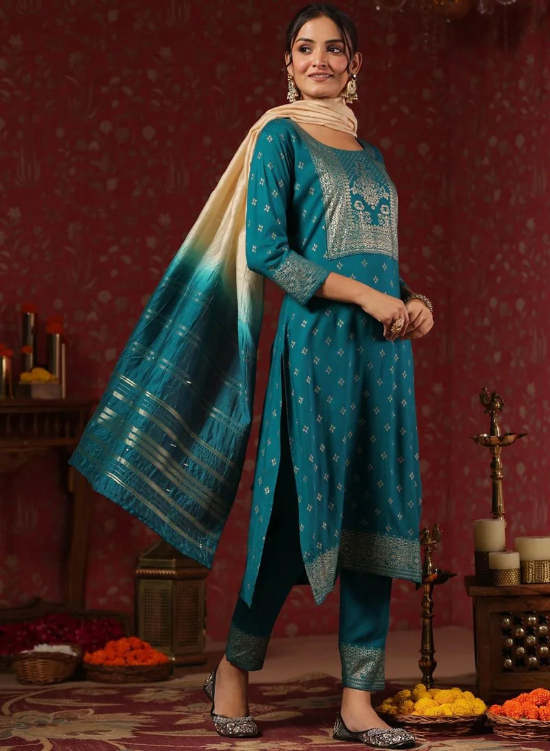 آي شين Women's Teal Rayon Printed Tunic Full Length Casual Regular Fit Kurta Set