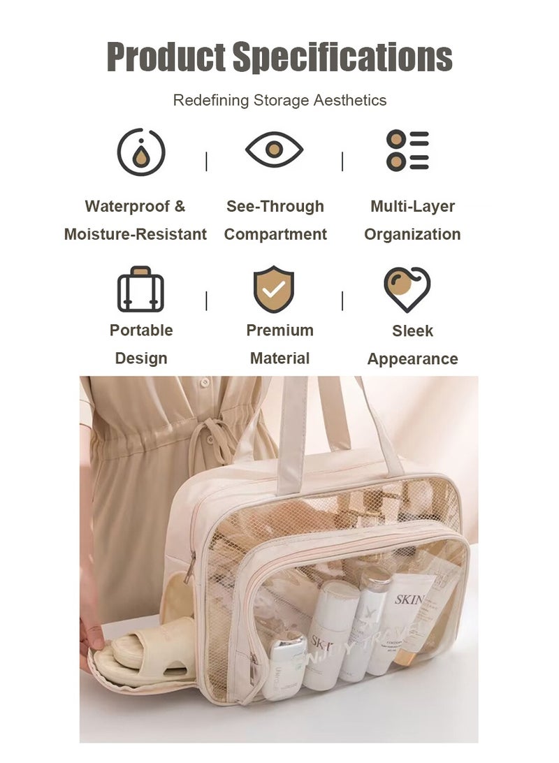 Travel Toiletry Bag for Women and Men, Translucent Toiletry Bag with Handy Handle and Dedicated Sandal Slot, Beach, Surfing, Swimming, Makeup Cosmetic Organizer Bag for Travel Toiletries Accessories (Beige-XL) - Image 2