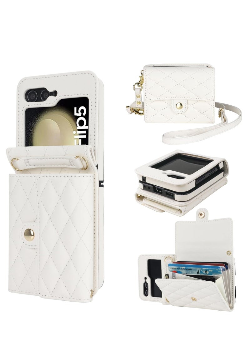Excefore for Samsung Galaxy Z Flip 5 Wallet Case, Crossbody Purse with Credit Card Slot Holder RFID Blocking PU Leather Phone Case, Adjustable Lanyard Detachable Strap Wrist, for Galaxy Z Flip5 (White) - Image 1