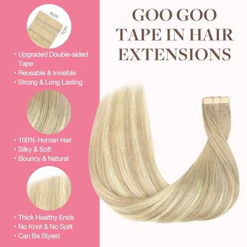 Goo-Goo GOO GOO Tape in Hair Extensions Human Hair 18ET90A Natural Blonde Balayage 20inch 50g 20pcs Skin Weft Seamless Invisible Silky Straight with Thick Ends Remy Human Hair - Image 3