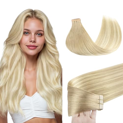 Goo-Goo GOO GOO Tape in Hair Extensions Human Hair 18ET90A Natural Blonde Balayage 20inch 50g 20pcs Skin Weft Seamless Invisible Silky Straight with Thick Ends Remy Human Hair - Image 1