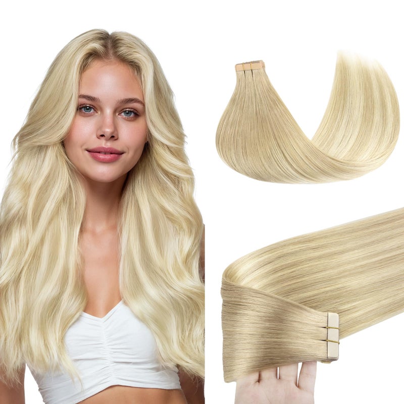 Goo-Goo GOO GOO Tape in Hair Extensions Human Hair 18ET90A Natural Blonde Balayage 20inch 50g 20pcs Skin Weft Seamless Invisible Silky Straight with Thick Ends Remy Human Hair - Image 2