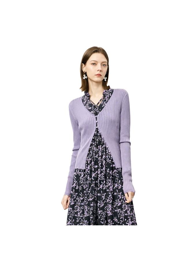Yanyee Tencel Long Sleeve Knit Cardigan Women Autumn Commuting Slim Fit Versatile Elegant Outerwear Purple S - Image 3