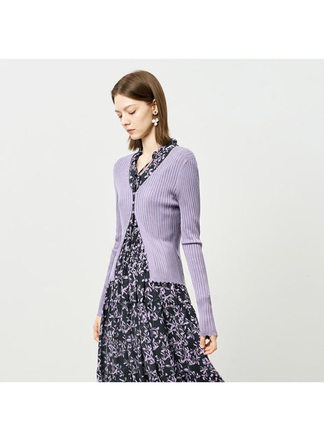 Yanyee Tencel Long Sleeve Knit Cardigan Women Autumn Commuting Slim Fit Versatile Elegant Outerwear Purple S - Image 1