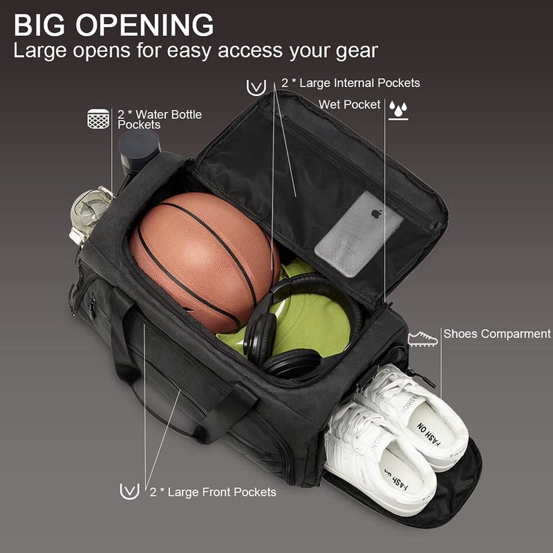 SOAEON Gym Bag for Men Women, Small Fitness Workout Sports Duffle Bag with Wet Pocket & Shoes Compartment, Water Resistant Overnight Weekender Duffel Bag in Light Black - Image 3