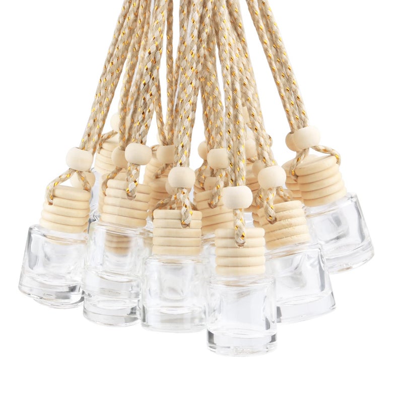 DMuuuDM 20 Pcs 8ml Hanging Car Air Freshener Diffuser,Empty Clear Glass Essential Diffuser Oil Aromatherapy Fragrance Perfume Pendant Glass Vials with Wooden Caps & Hanging String,Cylindrical - Image 1