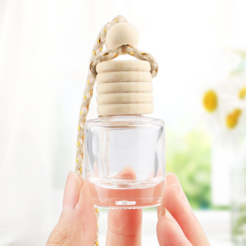 DMuuuDM 20 Pcs 8ml Hanging Car Air Freshener Diffuser,Empty Clear Glass Essential Diffuser Oil Aromatherapy Fragrance Perfume Pendant Glass Vials with Wooden Caps & Hanging String,Cylindrical - Image 4