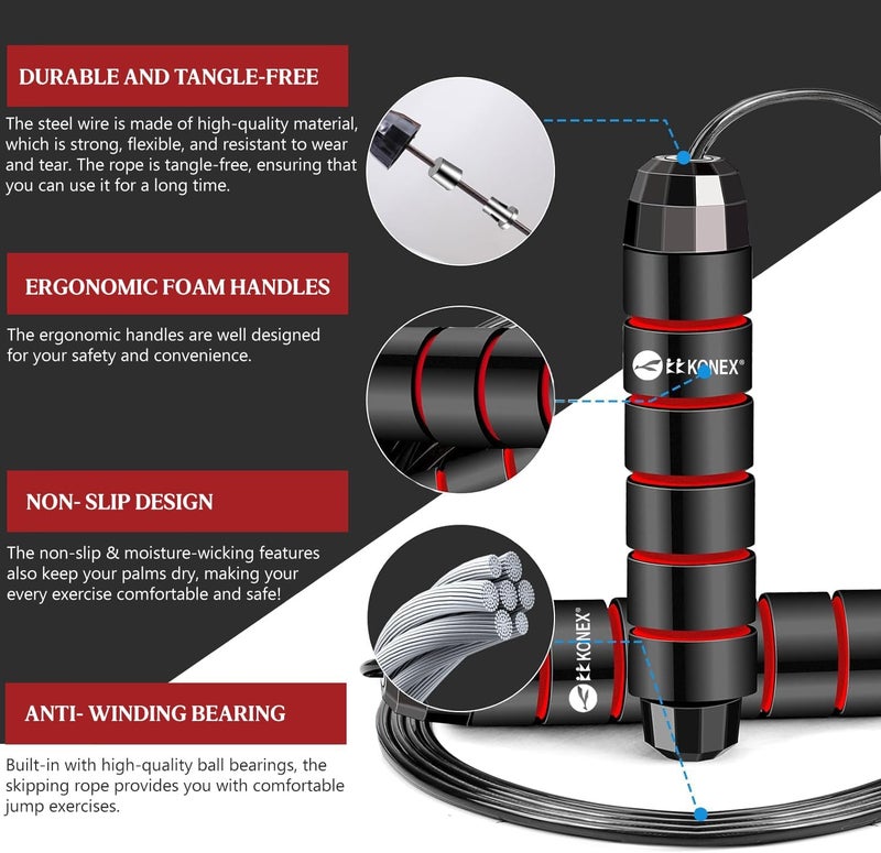 KONEX Adjustable Skipping Rope for Men & Women | Jumping Rope for Fitness, Home & Gym Workouts (Red) - Image 2