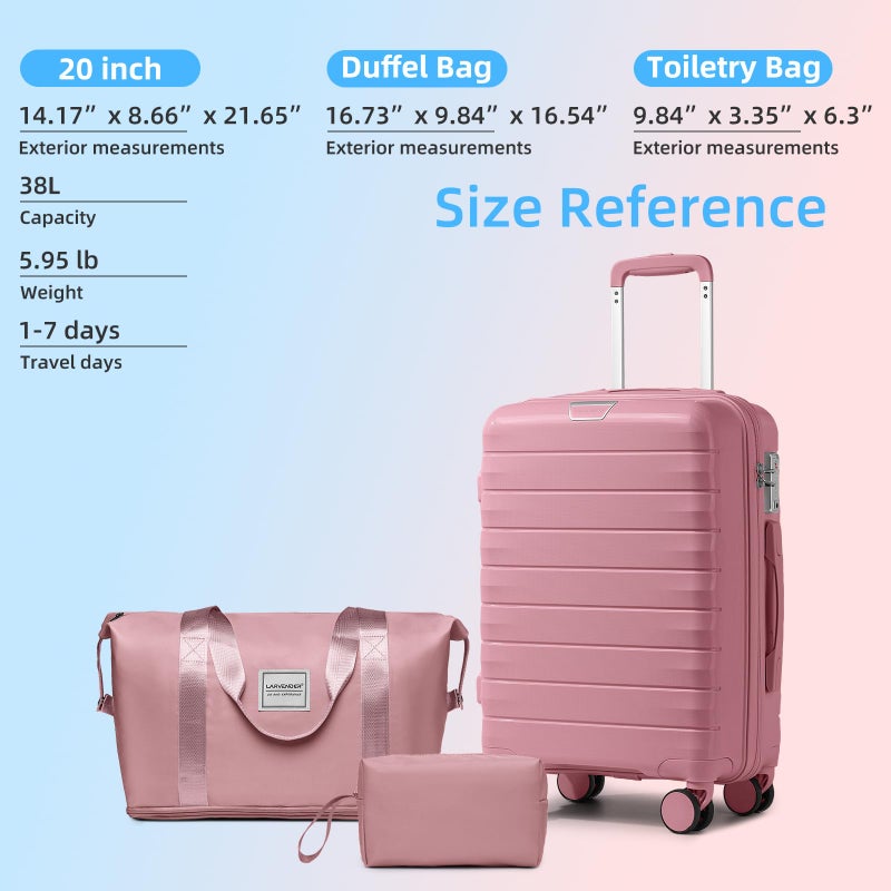 LARVENDER Luggage Sets 3 Piece with Duffel Bag Hardside PP Carry On Suitcase with 360Â° Spinner Wheels TSA Lock Luggage Sets for Women, Pink - Image 5