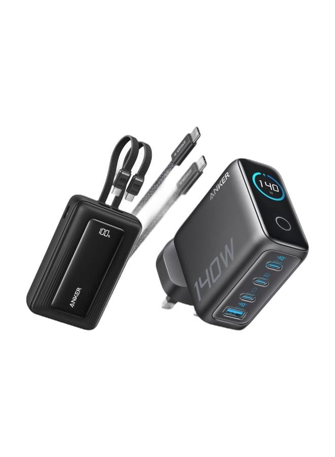 Anker Zolo Power Bank, 45W Max Fast Charging, 20,000mAh Battery Pack with Dual Built-In Cables, 1 USB-C and 1 USB-A Port, for iPhone 17/16 Series, Samsung, MacBook, iPad, and More & 140W USB C Charger, Laptop Charger, 4-Port Multi-Device Fast Charging, Advanced GaN Power Adapter, Intuitive Touch Controls, Compatible with MacBook, iPhone 17 Series, Samsung, Pixel, and More Bundle - Image 1