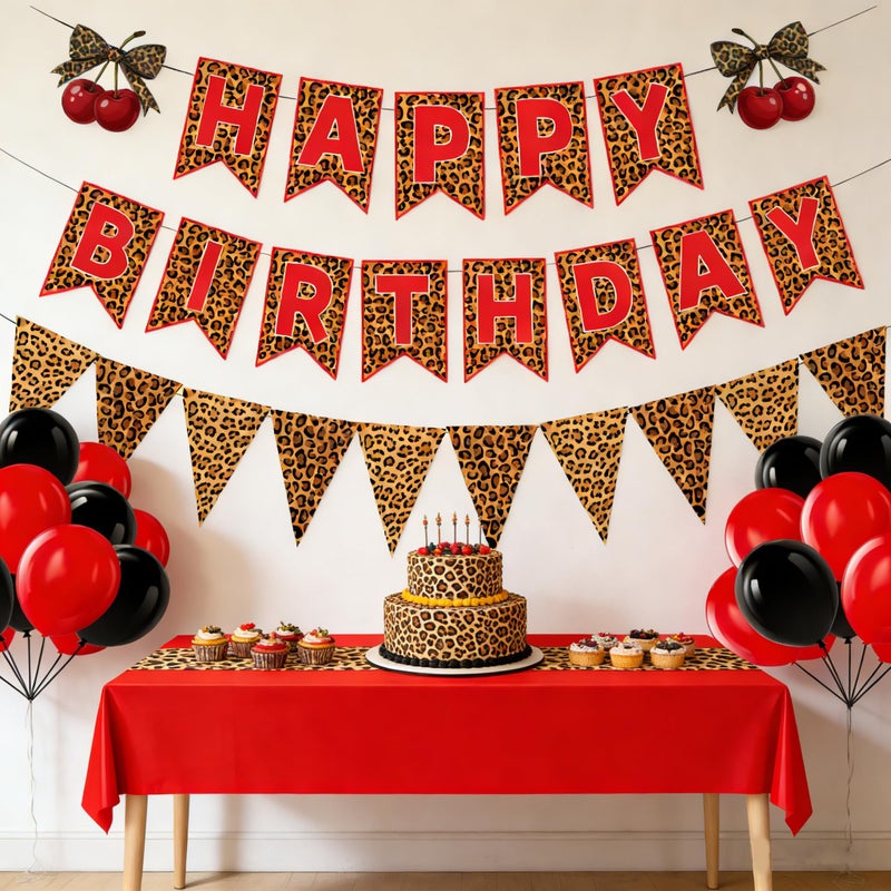 WAWEOOP Red Cheetah Print Birthday Party Decorations for Women,Leopard Tablecloth Happy Birthday Banner with Balloons,Cherry Cheetah Leopard Print Party Decor Sulpplies - Image 2