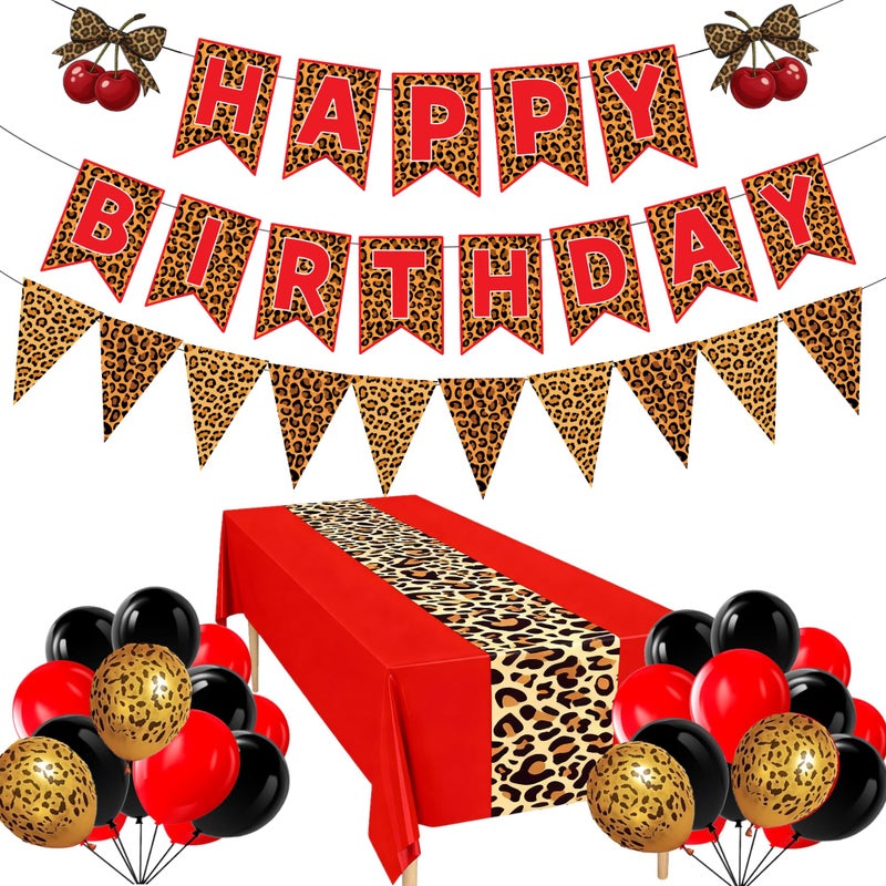 WAWEOOP Red Cheetah Print Birthday Party Decorations for Women,Leopard Tablecloth Happy Birthday Banner with Balloons,Cherry Cheetah Leopard Print Party Decor Sulpplies - Image 1