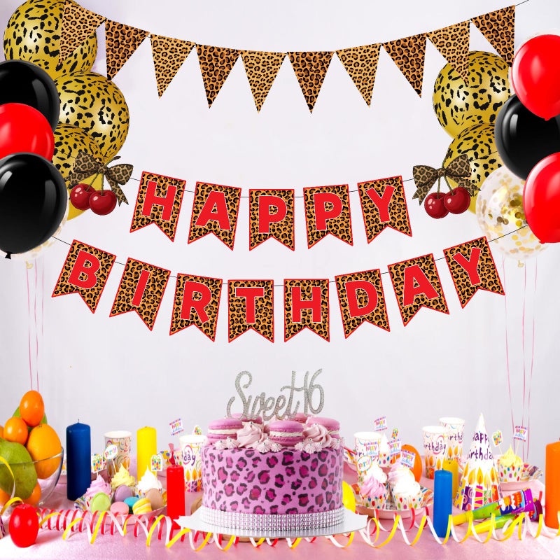 WAWEOOP Red Cheetah Print Birthday Party Decorations for Women,Leopard Tablecloth Happy Birthday Banner with Balloons,Cherry Cheetah Leopard Print Party Decor Sulpplies - Image 4