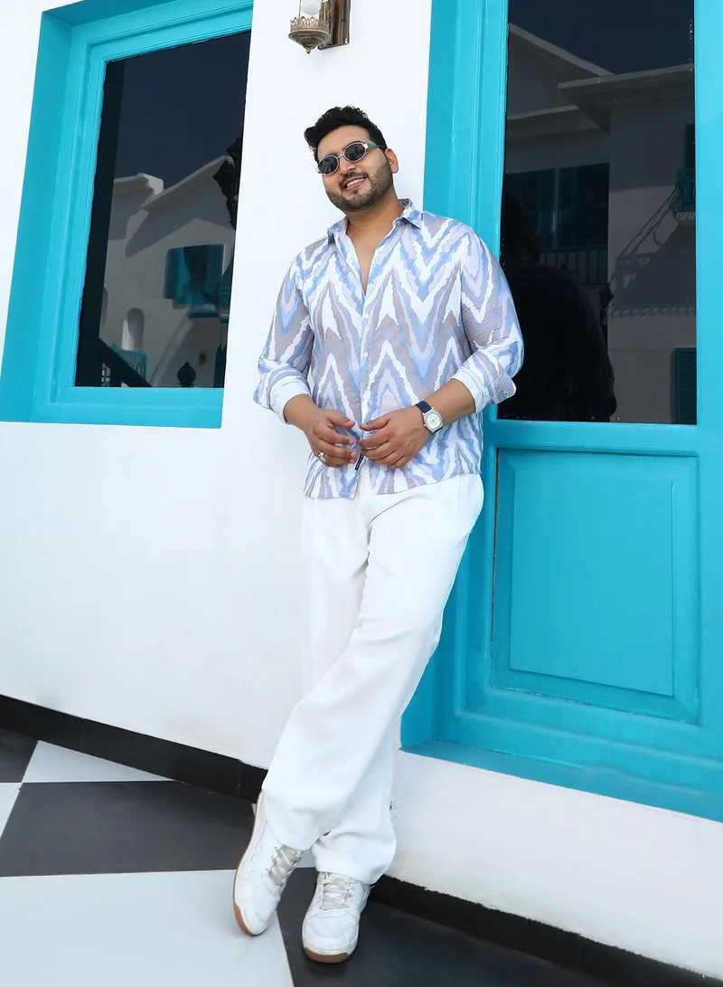 Instafab Plus Instafab Plus Men's Slate Blue & Coin Grey Chevron-Dye Shirt For Casual Wear | Spread Collar | Long Cuffed Sleeves | Button Closure | Plus Size Shirt Crafted With Comfort Fit For Everyday Wear
