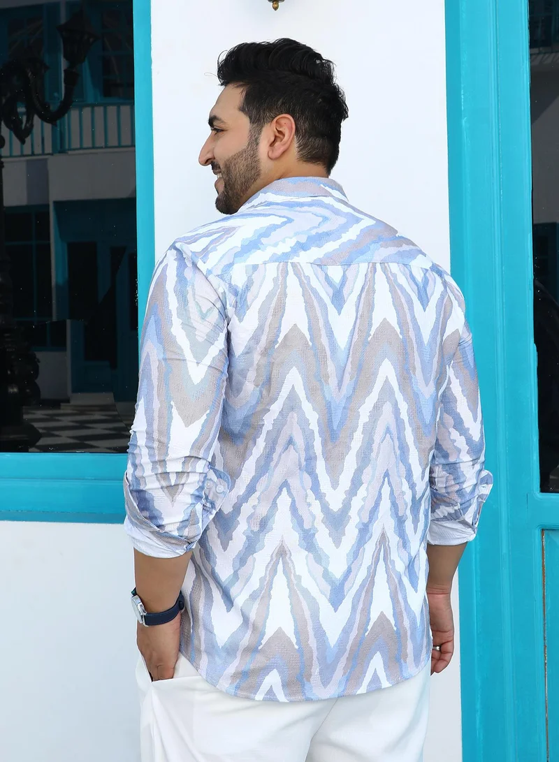 Instafab Plus Instafab Plus Men's Slate Blue & Coin Grey Chevron-Dye Shirt For Casual Wear | Spread Collar | Long Cuffed Sleeves | Button Closure | Plus Size Shirt Crafted With Comfort Fit For Everyday Wear