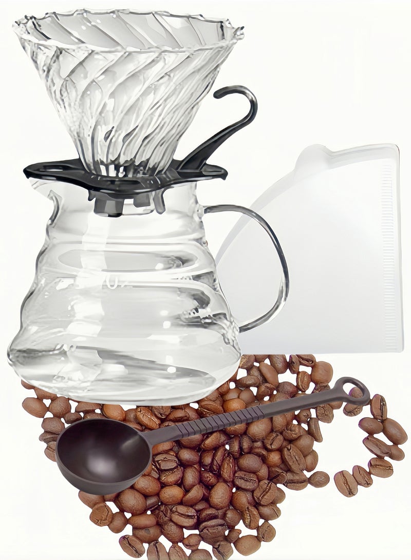 nihao 4 PCS Pour Over Coffee Share Pot With Filter, V60 Coffee Tools ,V60 Coffee Maker set with 100 pcs V60 Paper Filter, Borosilicate Glass Coffee Cup, V60 600ml Drip - Image 1