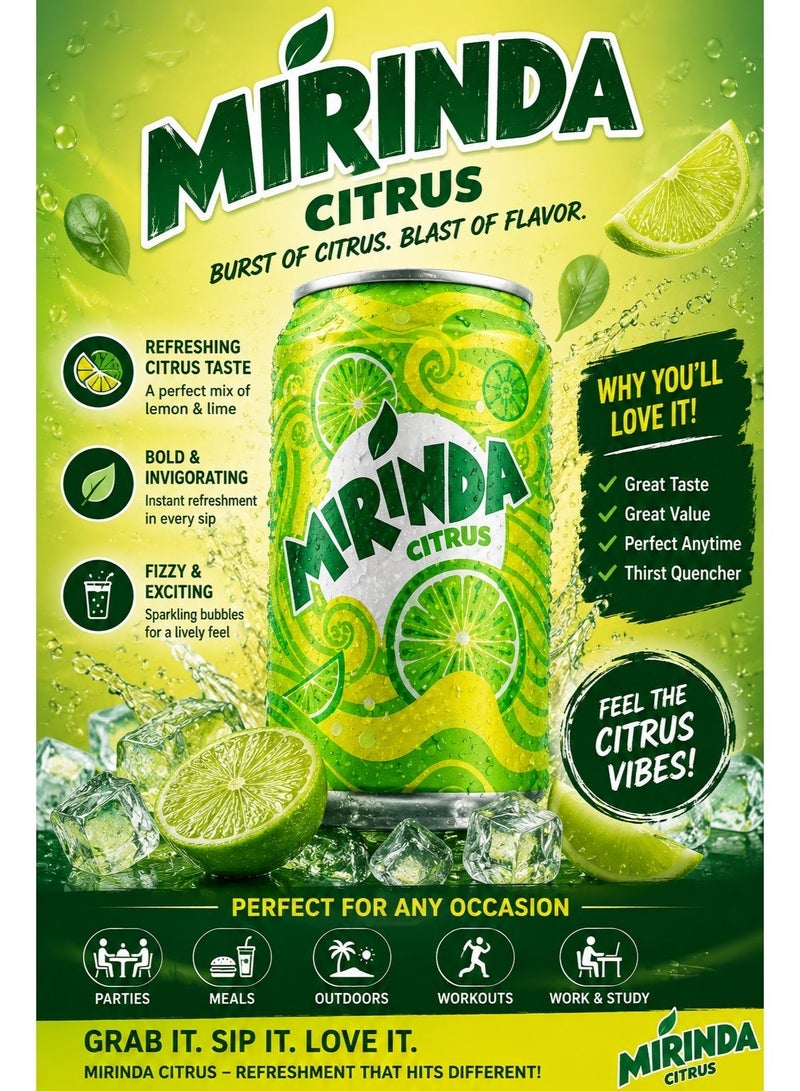 Mirinda Carbonated Soft Drink, Crisp Citrus Flavour, Refreshing Soda, 240ml Can (P - Image 2