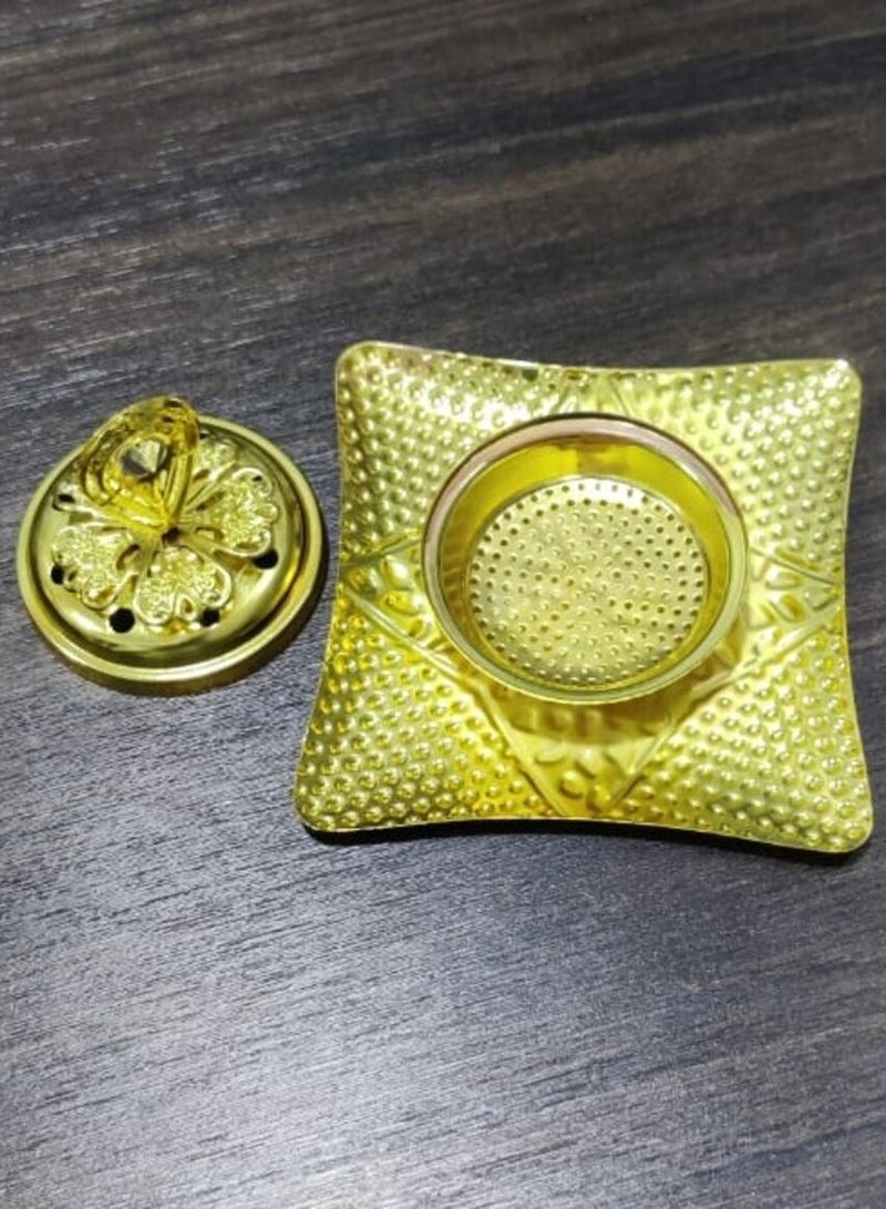 مبخرة معدنية مزخرفة، قاعدة مربعة مطلية بالذهب مع لمسة من الكريستال، حامل بخور - Image 3