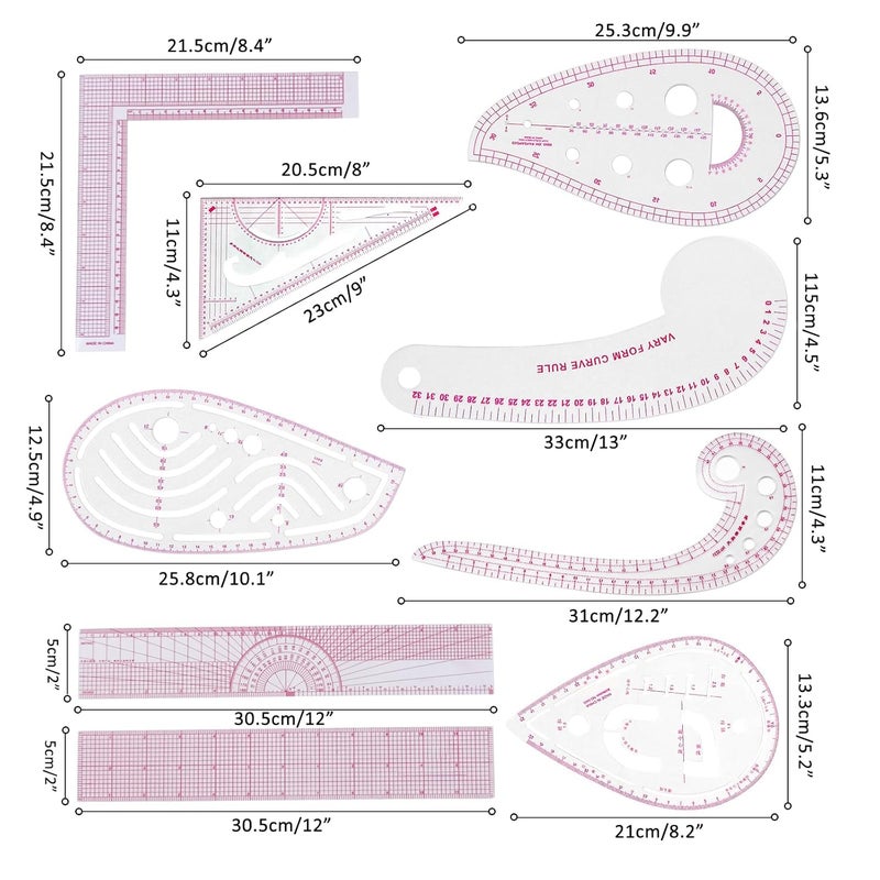 ljlj Fashion Clear Metric Sewing Ruler Set, French Curve Pattern Rulers for Beginners, Tailors, Designers, Quilting, Embroidery, Cross Stitch, Crochet, Knitting - 9pcs - Image 2