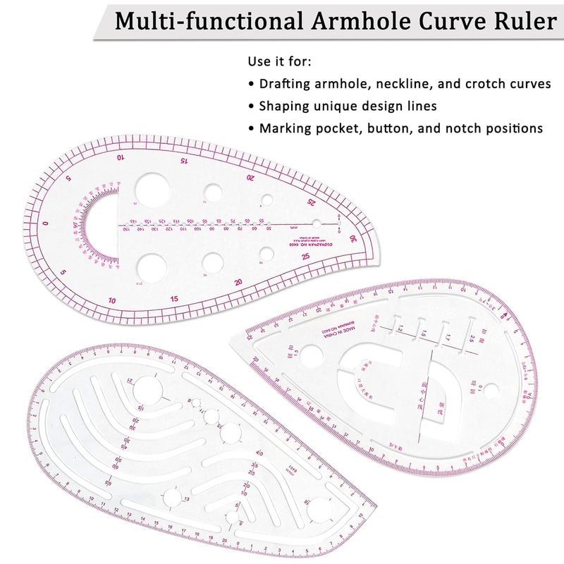 ljlj Fashion Clear Metric Sewing Ruler Set, French Curve Pattern Rulers for Beginners, Tailors, Designers, Quilting, Embroidery, Cross Stitch, Crochet, Knitting - 9pcs - Image 3