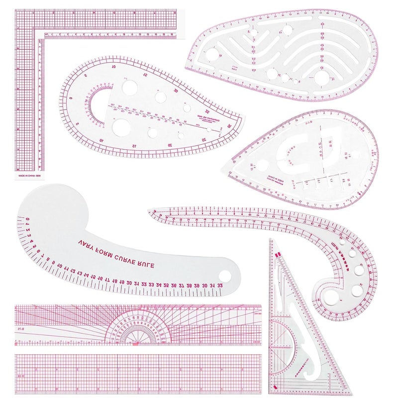 ljlj Fashion Clear Metric Sewing Ruler Set, French Curve Pattern Rulers for Beginners, Tailors, Designers, Quilting, Embroidery, Cross Stitch, Crochet, Knitting - 9pcs - Image 1