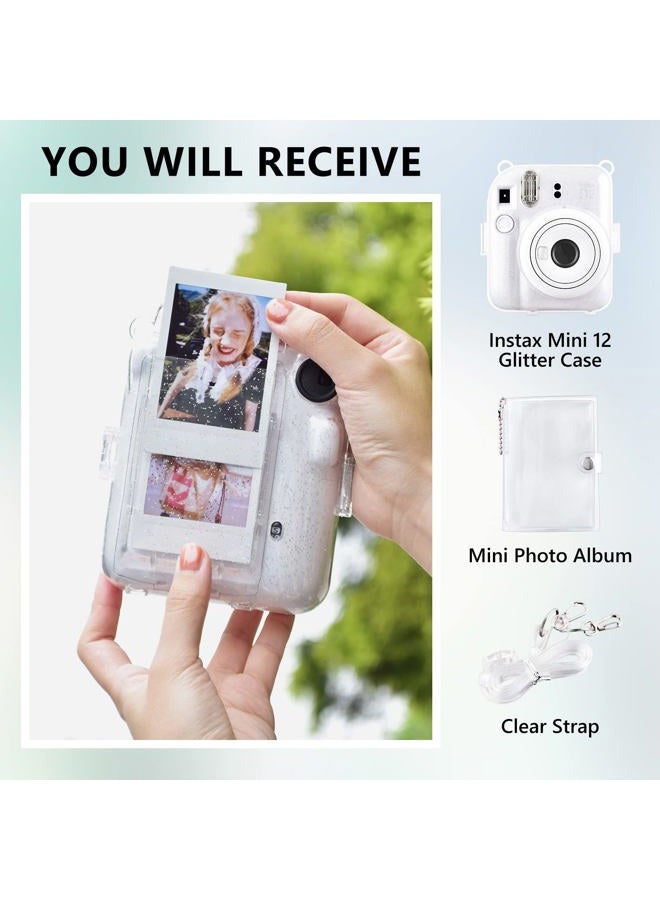 Rieibi Clear Case Compatible with Fuji Instax Mini 12 - Glitter Case Bag for Fujifilm Instax Mini 12 Instant Camera with Back Pocket, Strap and Photo Album - Glitter Clear - Image 2