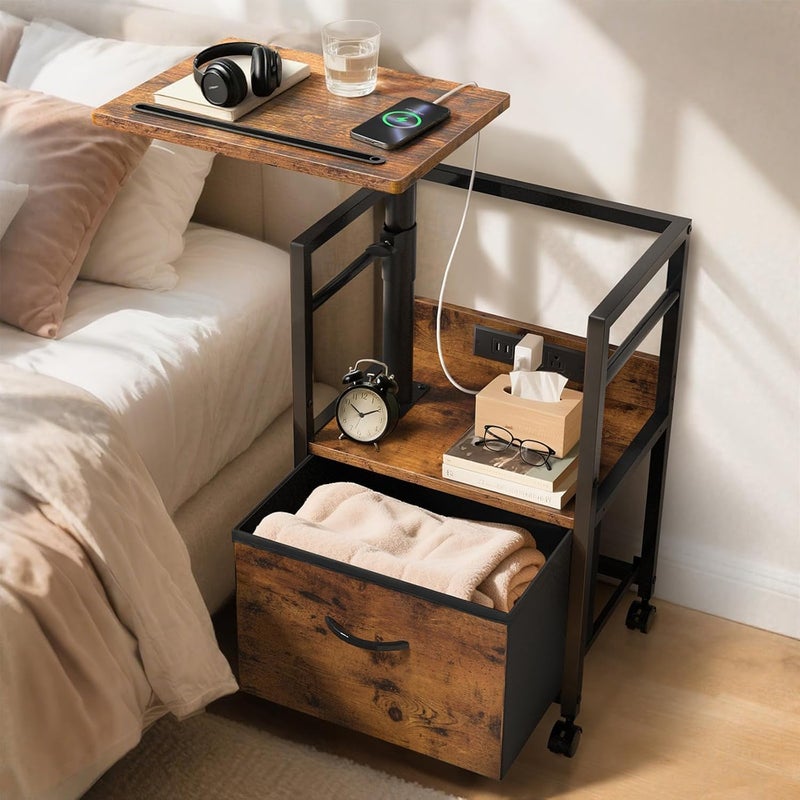 Faesun Swivel Lift Top Nightstand with Charging Station, Rolling Side Table for Recliner, Bedside Table with Wheels & a Fabric Drawer, for Small Spaces, for Bedroom, Living Room, Brown - Image 1