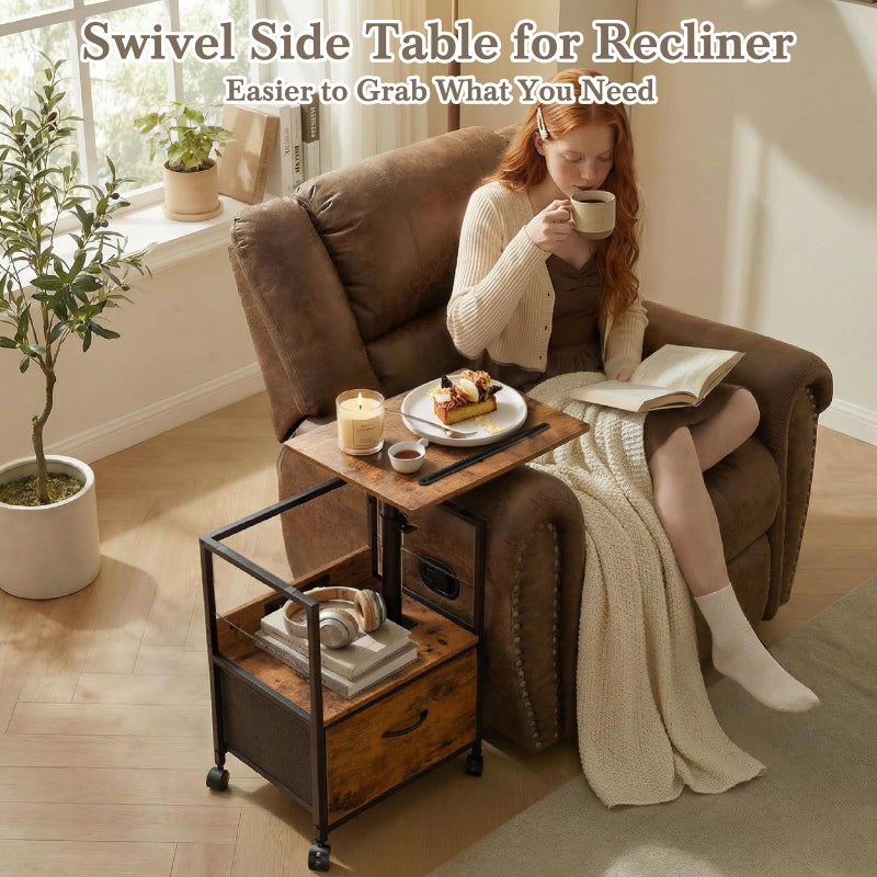 Faesun Swivel Lift Top Nightstand with Charging Station, Rolling Side Table for Recliner, Bedside Table with Wheels & a Fabric Drawer, for Small Spaces, for Bedroom, Living Room, Brown - Image 3