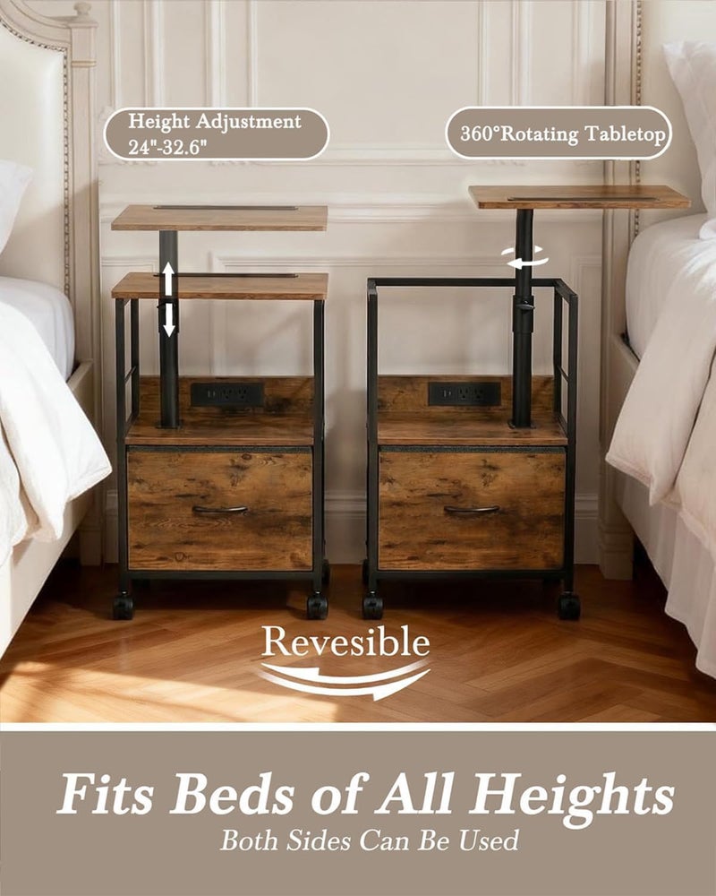 Faesun Swivel Lift Top Nightstand with Charging Station, Rolling Side Table for Recliner, Bedside Table with Wheels & a Fabric Drawer, for Small Spaces, for Bedroom, Living Room, Brown - Image 4