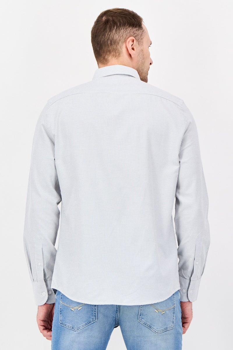 NAUTICA Men Regular Fit Stripe Long Sleeve Casual Shirt, Light Grey - Image 4