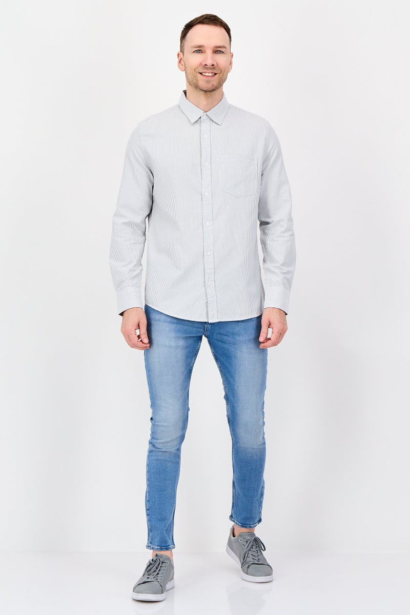 NAUTICA Men Regular Fit Stripe Long Sleeve Casual Shirt, Light Grey - Image 3