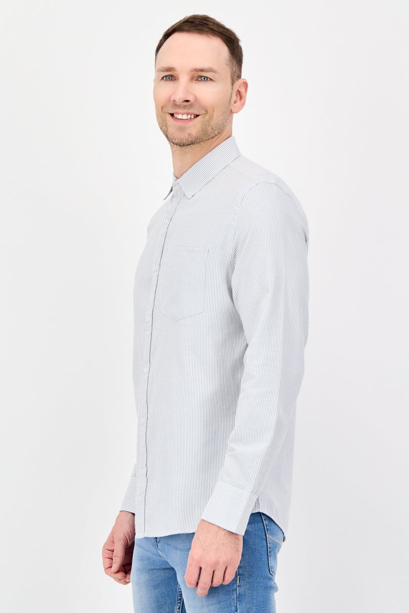 NAUTICA Men Regular Fit Stripe Long Sleeve Casual Shirt, Light Grey - Image 2