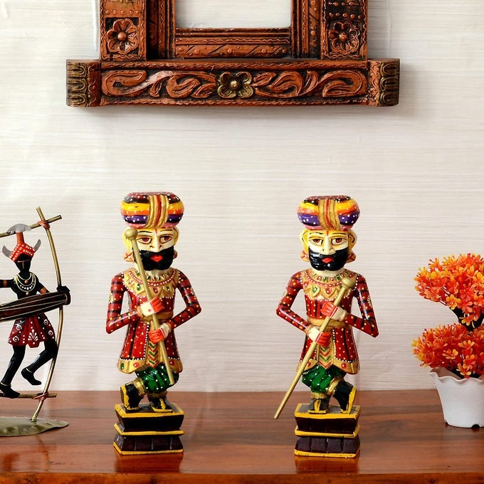 Handpainted Chowkidaar Wood Human Figurine for Home Dcor ShowpieceMulticolor Set of 2