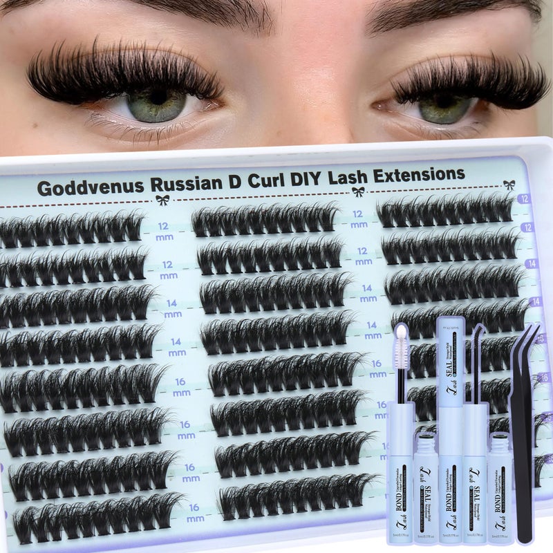 Goddvenus Lash Clusters Kit Wispy Lashes clusters Natural Fluffy Eyelashes Clusters 12mm 14mm 16mm Mixed Cluster Eyelash Extensions Kit D Curl DIY Individual Lashes Kit with Bond and Seal Lash Glue - Image 1
