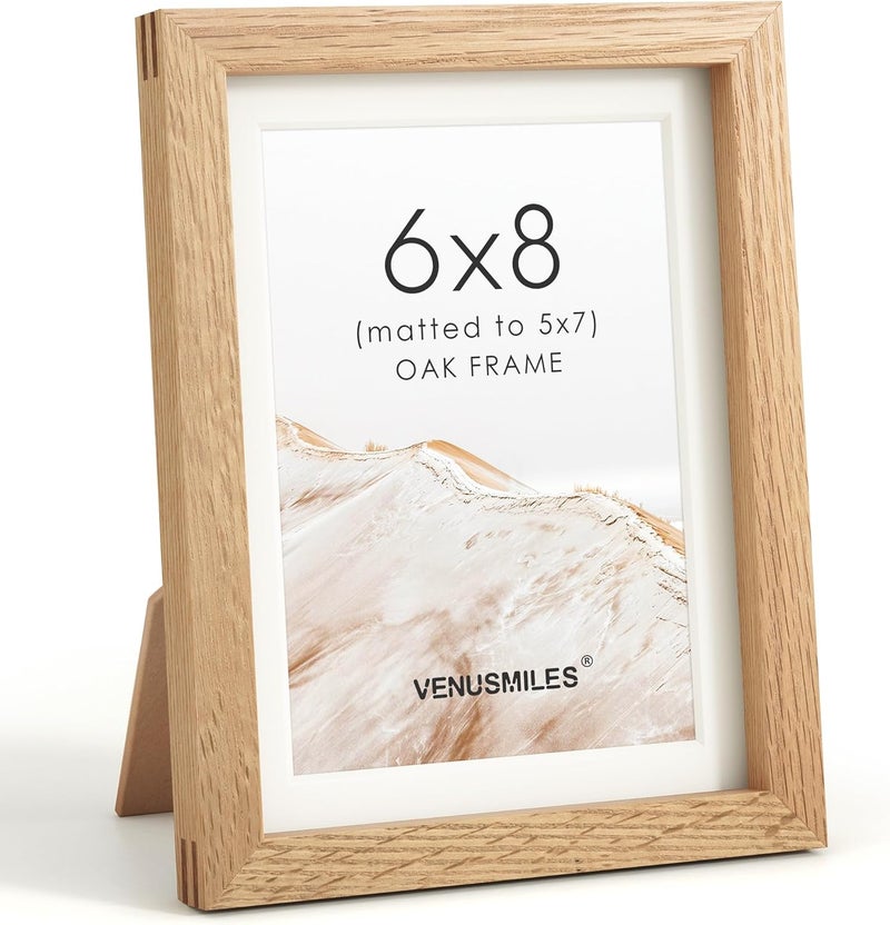 Venusmiles إطار صور 6x8 بوصة، خشب بلوط طبيعي من الولايات المتحدة مع زجاج مقسّى، إطار خشبي مربع الزوايا مصنوع يدويًا 6x8 مع حافة داخلية مقاس 5x7 للصور، عرض على الحائط أو الطاولة - Image 1