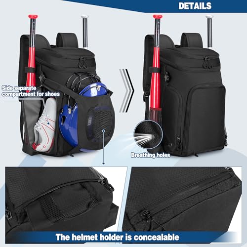 Smasrob Baseball Bag for Adult and Youth, Baseball Backpack Softball Bag with Helmet Holder, Shoe Compartment and Fence Hook, Black - Image 2