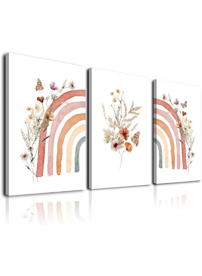 EMODA Boho Rainbow Wall Art Prints Set of 3, Cute Wildflowers Rainbow Boho Nursery Wall Decor for Girls, Framed Canvas Wall Art Posters for Kids Room, Baby Room, Classroom, Bedroom Decor (12"x16", Colorful) - Image 2