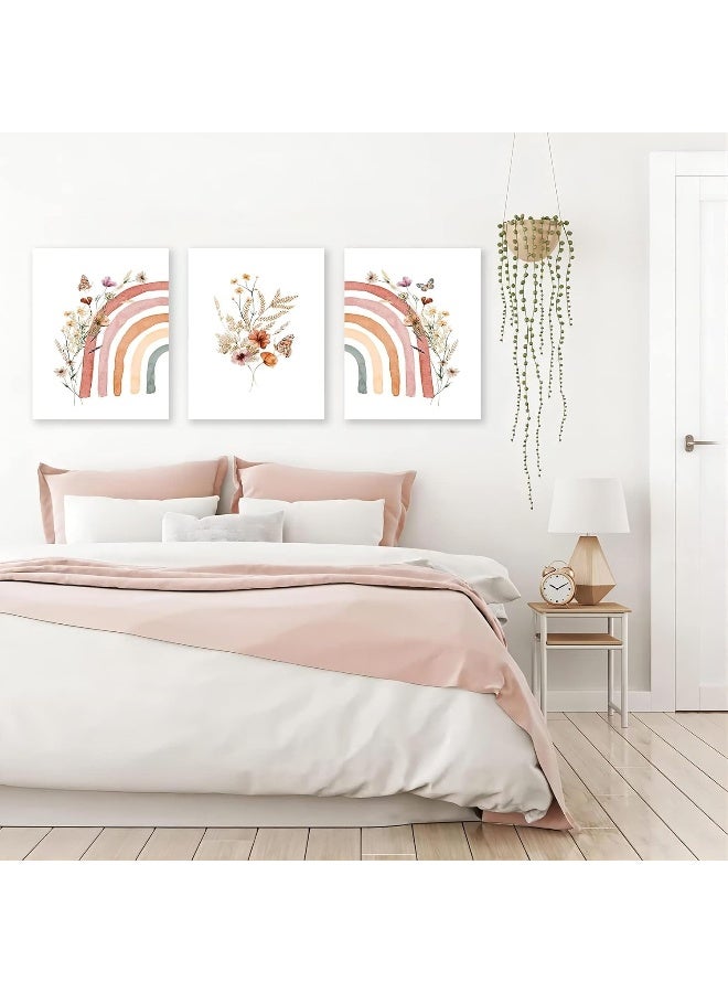 EMODA Boho Rainbow Wall Art Prints Set of 3, Cute Wildflowers Rainbow Boho Nursery Wall Decor for Girls, Framed Canvas Wall Art Posters for Kids Room, Baby Room, Classroom, Bedroom Decor (12"x16", Colorful) - Image 4