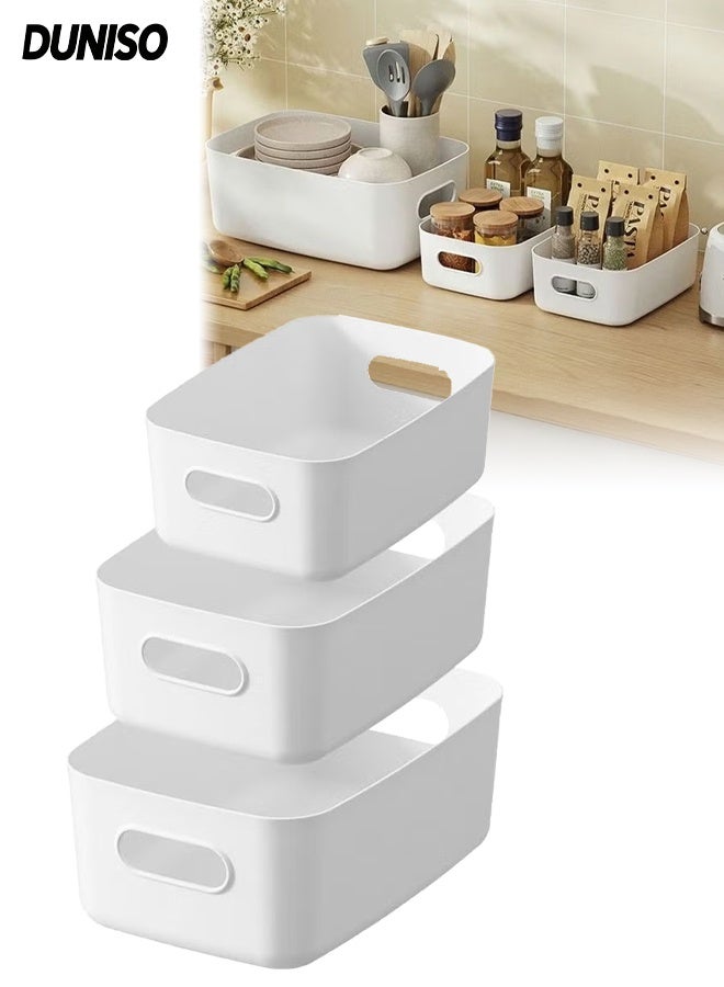 DUNISO 3-Pack Storage Bin,Small Plastic  Containers for Organizing with Handles,Multi-Use Durable Cabinet Organizer for Closets, Shelves and Countertops (White) - Image 1
