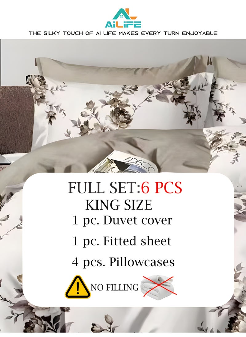 Luxurious King Size Bedsheet Set - 6 Piece High Quality Bedsheet Set 1 Duvet Cover with 1 Fitted Sheet and 4 Pillowcases - Soft and Breathable Microfiber Cotton for All Seasons