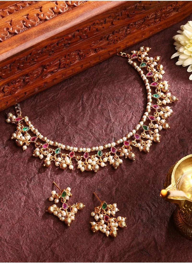 برياسي Floral Simple Pearls  Ruby Stone-Studded Beaded Jewellery Set