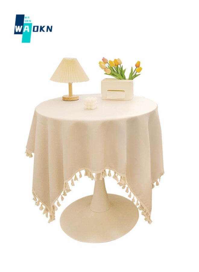 WAOKN French Square Tablecloth (130 X 130 cm), Tassel Polyester Kitchen Table Cover, Washable Dustproof Tabletop Protection, Classic Wedding Party Home Tabletop Decoration (Off White)  - Image 1