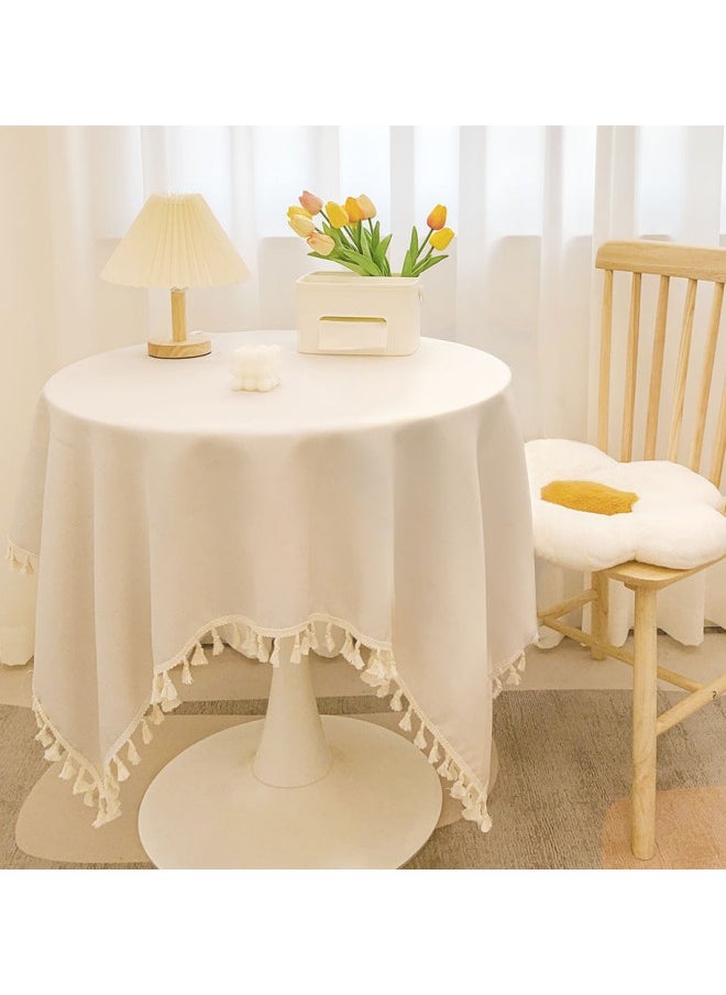 WAOKN French Square Tablecloth (130 X 130 cm), Tassel Polyester Kitchen Table Cover, Washable Dustproof Tabletop Protection, Classic Wedding Party Home Tabletop Decoration (Off White)  - Image 2