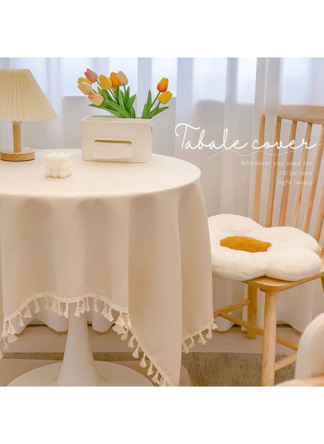 WAOKN French Square Tablecloth (130 X 130 cm), Tassel Polyester Kitchen Table Cover, Washable Dustproof Tabletop Protection, Classic Wedding Party Home Tabletop Decoration (Off White)  - Image 3