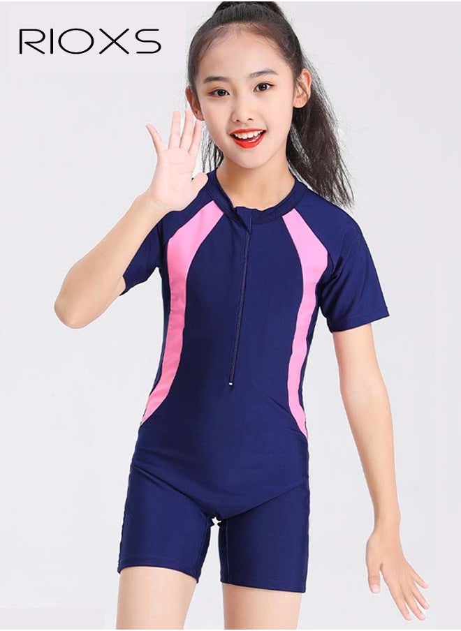 RIOXS Girls' Two-Piece Swimsuits-Short Sleeve Rash Guard Swimming Shirts With Swim Skirts,Kids Girls Bathing Suit,Breathable Quick Dry Swimwear,Athletic Beach Sport Swimwear  - Image 1