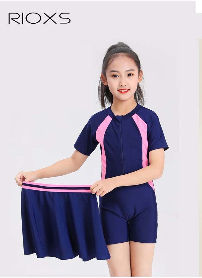 RIOXS Girls' Two-Piece Swimsuits-Short Sleeve Rash Guard Swimming Shirts With Swim Skirts,Kids Girls Bathing Suit,Breathable Quick Dry Swimwear,Athletic Beach Sport Swimwear  - Image 4