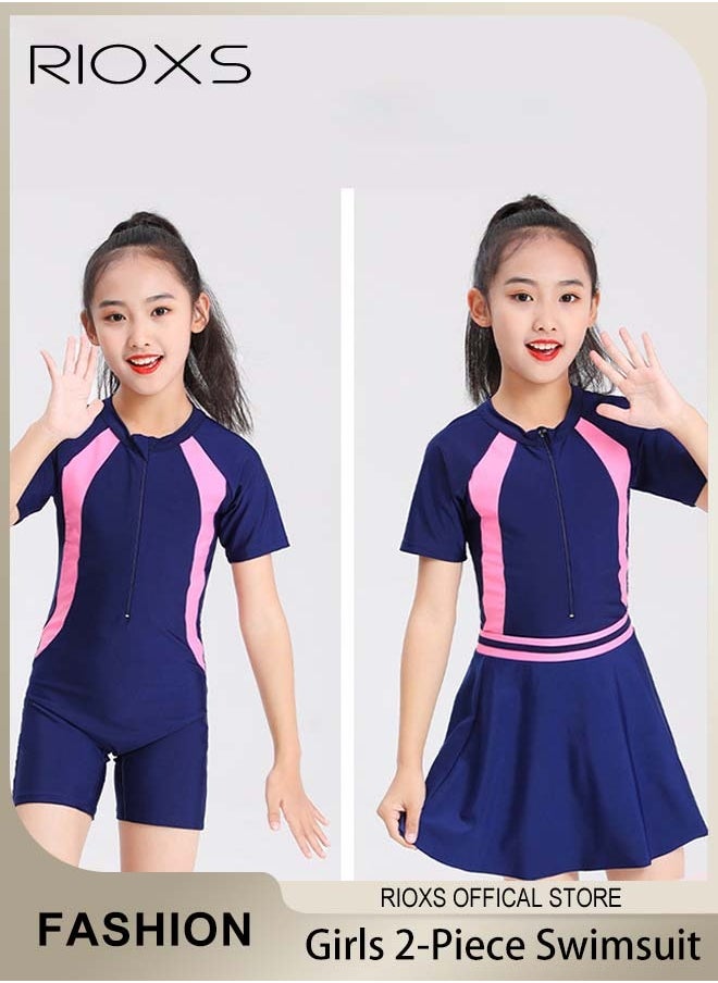RIOXS - Girls' Two-Piece Swimsuits-Short Sleeve Rash Guard Swimming Shirts With Swim Skirts,Kids Girls Bathing Suit,Breathable Quick Dry Swimwear,Athletic Beach Sport Swimwear - Image 1
